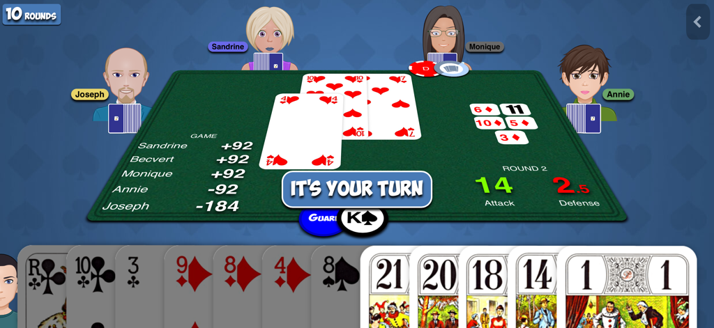French-Tarot - Interface numérique d'un jeu de cartes de Tarot Français montrant cinq joueurs et une main d'atouts
