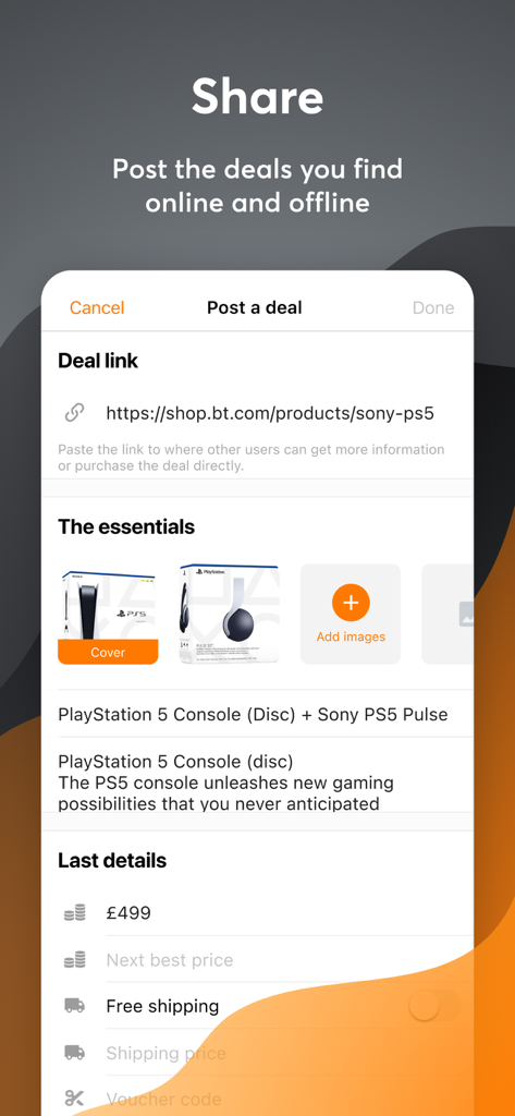 hotukdealsアプリの「セールを投稿する」画面。PlayStation 5コンソールバンドルのセール投稿を表示しています