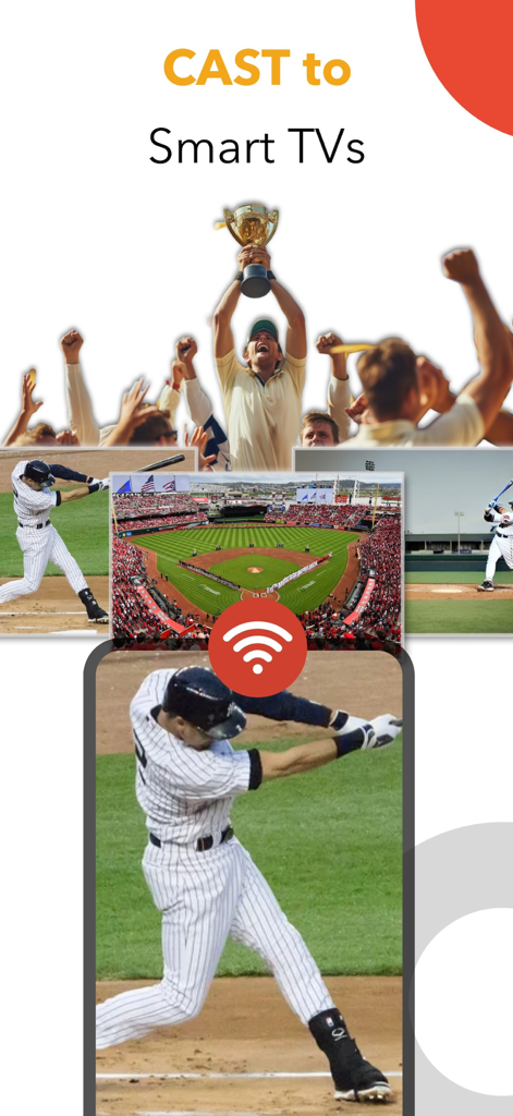 An iPhone screen casting a baseball game to a smart TV using the TV Cast app