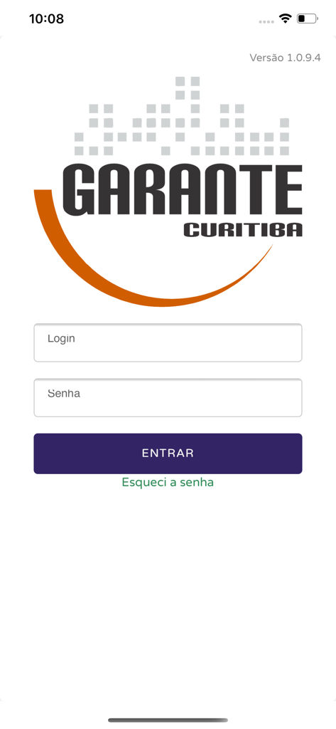 Pantalla de inicio de sesión de la aplicación móvil de gestión de propiedades Garante Curitiba
