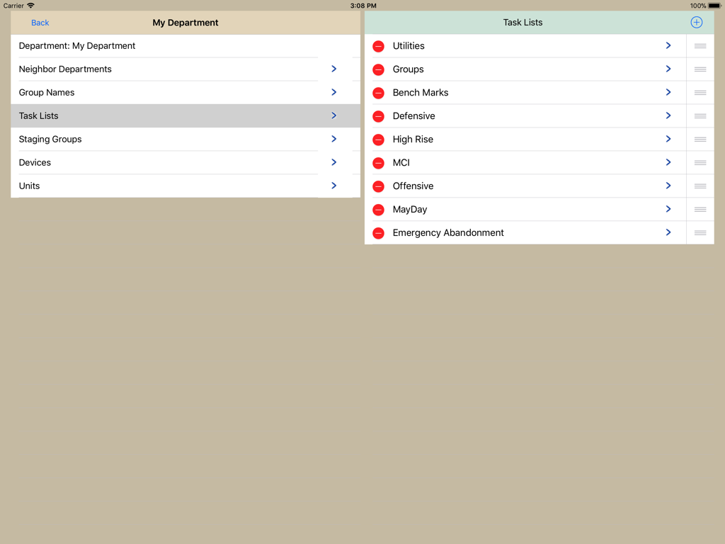 Total Command - Interface of Total Command app showing customizable incident task lists and department settings.