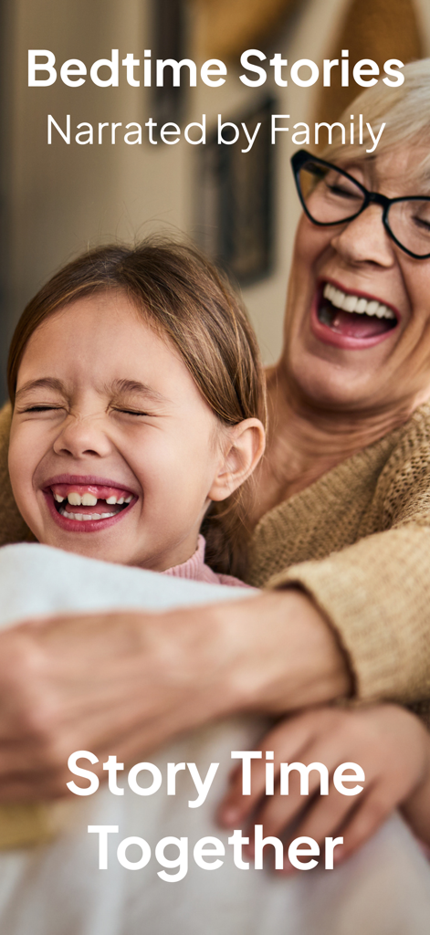 Story Time Together: Kid Books - A grandmother and young girl laughing together illustrating family narrated bedtime stories