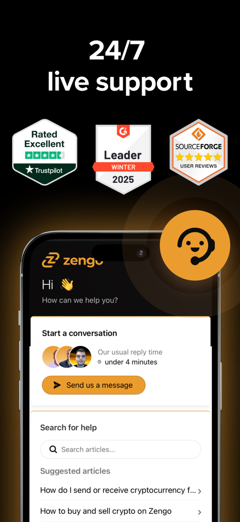 Écran de support en direct 24h/24 et 7j/7 du portefeuille crypto Zengo montrant des notes clients élevées et des temps de réponse rapides