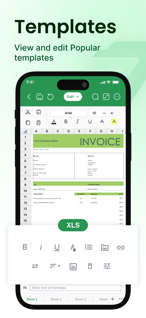 A mobile phone displaying an editable invoice spreadsheet template in the XLSX Sheets app.