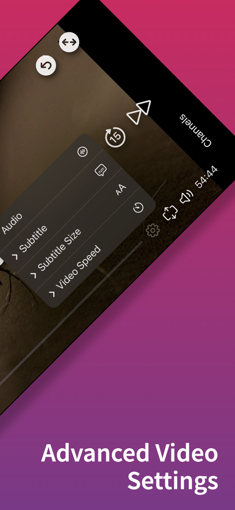 King IPTV Pro - Advanced video settings menu in King IPTV Pro app showing subtitle and playback speed options