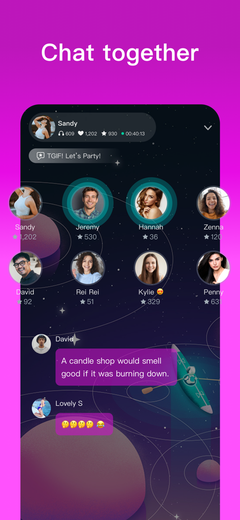 Wave - Audio Live Streaming - Wave app group audio chat interface with user avatars and a space background
