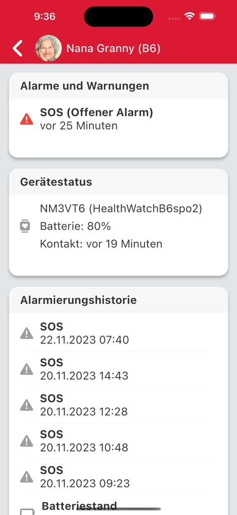 James App - James App-Dashboard, das einen aktiven SOS-Alarm und historische Notfallalarme für einen Seniorenbenutzer anzeigt.