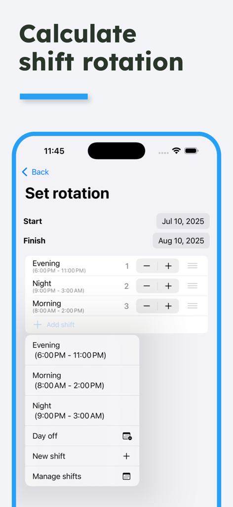 Interface for setting up recurring shift rotations within the Work Hours Calculator app