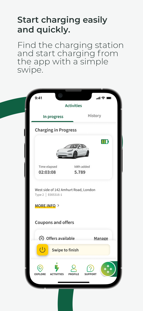 Interfaz de la aplicación Plenitude On The Road mostrando una sesión de carga en curso para un coche eléctrico con estadísticas de tiempo transcurrido y energía añadida.