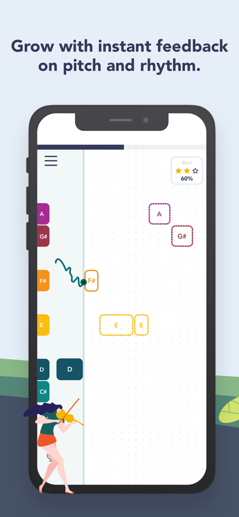 Trala: Learn Violin - Trala app interface showing real-time pitch and rhythm feedback for violin learners