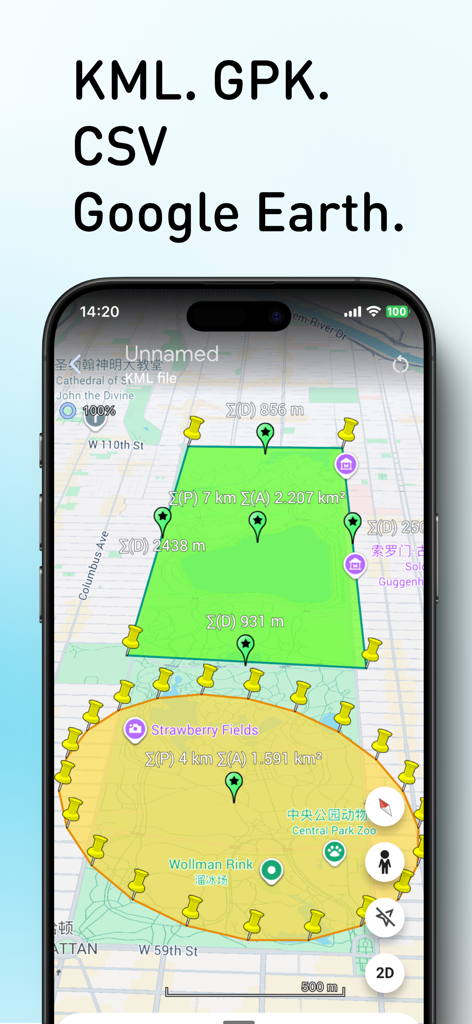 Planimeter: Area & Distance - Écran de l'application Planimeter affichant les calculs de surface et de distance sur une carte satellite