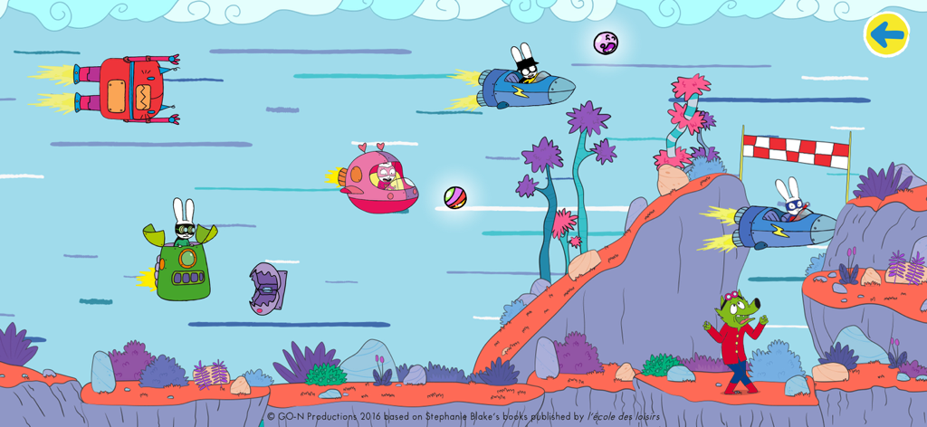 Simon Super Rabbit Vs Pr. Wolf - カラフルなロケットに乗ったサイモンと友達が、宇宙をテーマにしたレベルでビー玉を集めてレースする様子