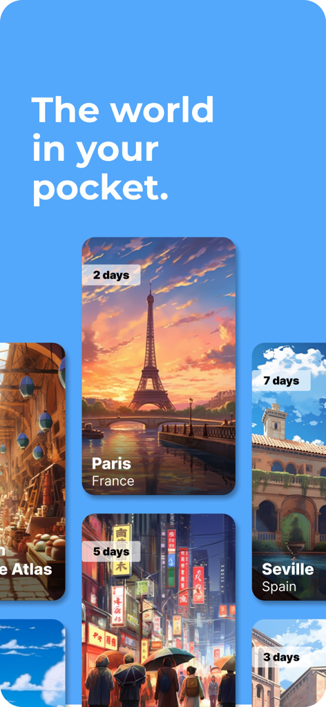 Henri Trip - Guide interactif - Interface de l'application Henri Trip montrant des cartes de destinations de voyage organisées pour Paris et Séville sous le texte Le monde dans votre poche.