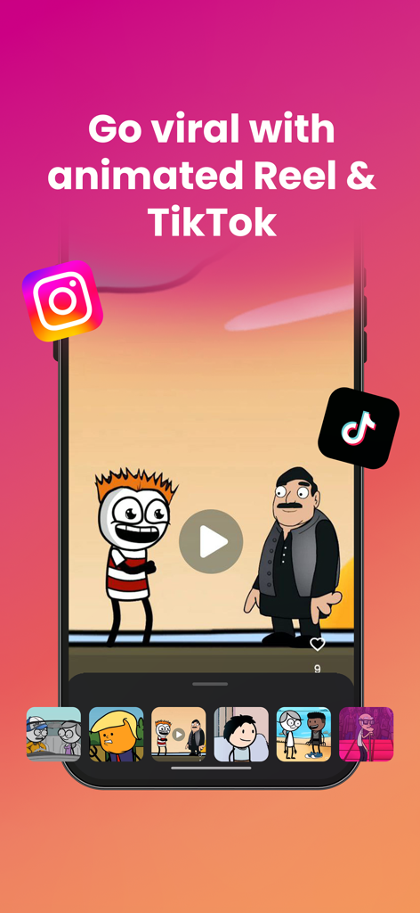 Tweencraft app interface showing two cartoon characters on a phone screen with Instagram and TikTok icons