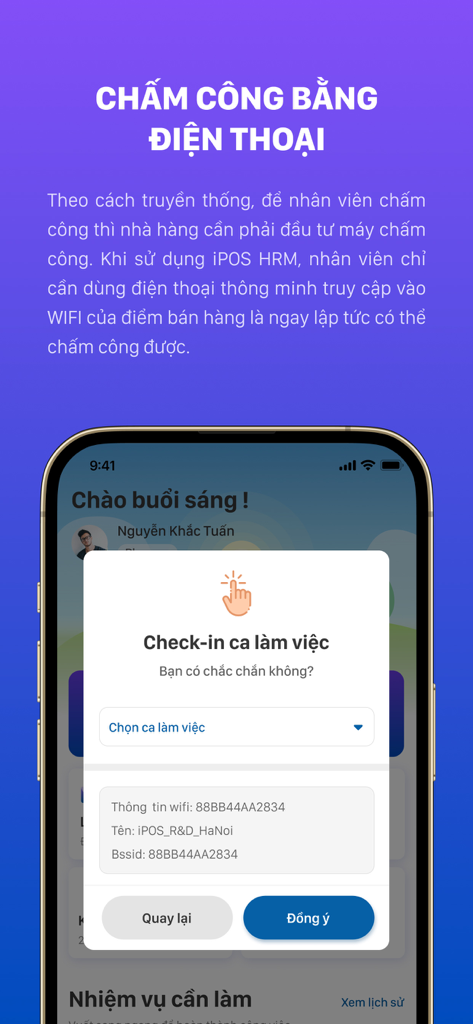 Interfaz de la aplicación móvil iPOS HRM que muestra la función de registro de turno en un smartphone.