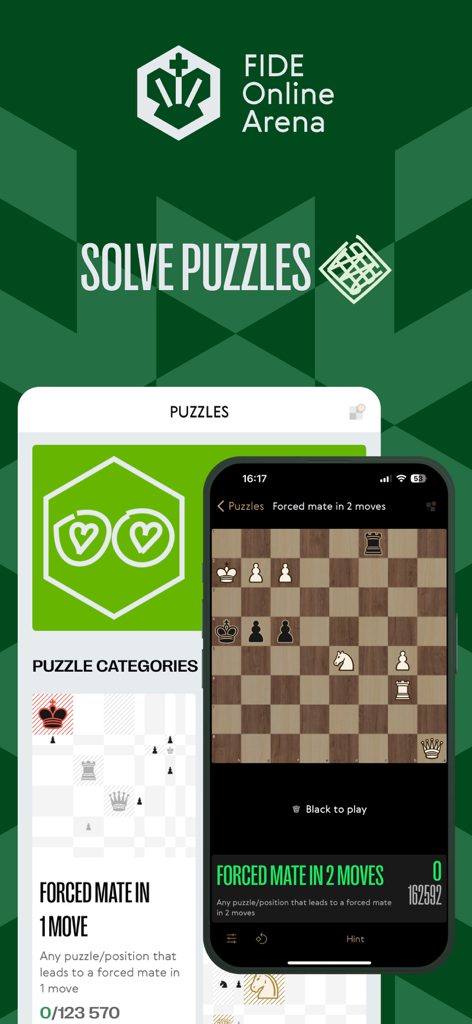 World Chess app interface showing chess puzzle categories and gameplay for practicing tactics.