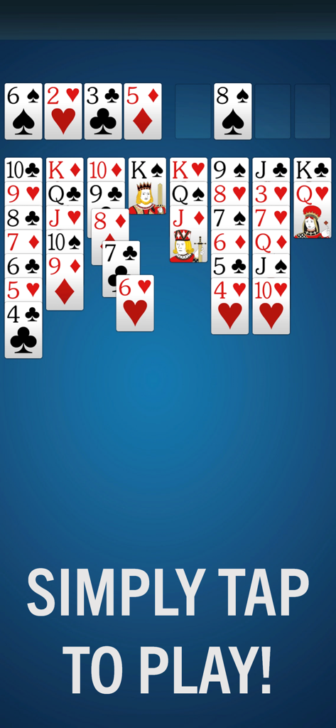 Gameplay screen of FreeCell Solitaire with large cards and tap to play text
