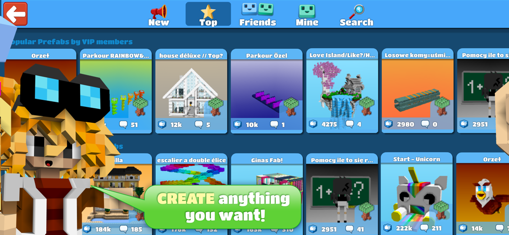BlockStarPlanet menu showing a list of top user creations like houses and parkour courses with a character saying create anything you want