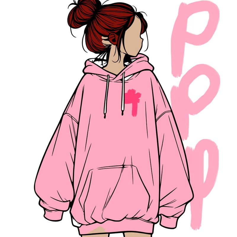 realistic girl with a oversized sweatshirt on and a bun