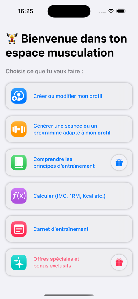 EPS Muscu AI - Pantalla de inicio de la aplicación EPS Muscu AI que muestra opciones de entrenamiento y herramientas de fitness