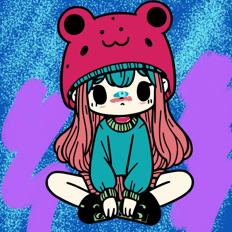 a girl wearing a frog hat and some frog socks