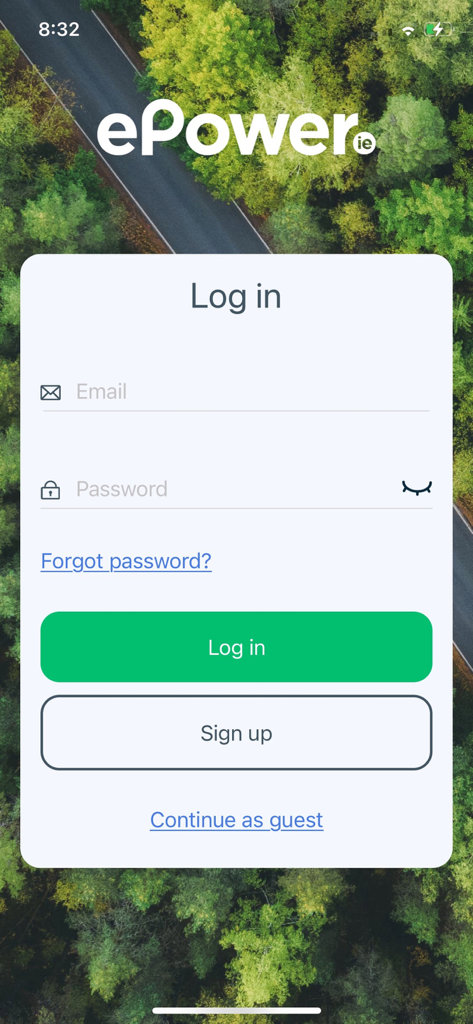 ePower EV Charging - Login and sign up screen for the ePower EV Charging mobile application