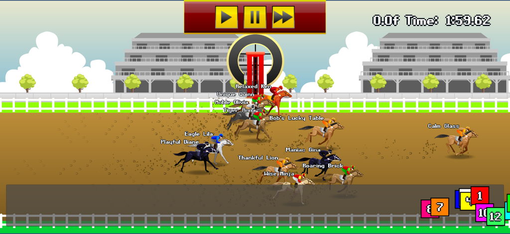 Tap Derby: Horse Racing - 2D horse racing simulation showing multiple horses competing on a dirt track