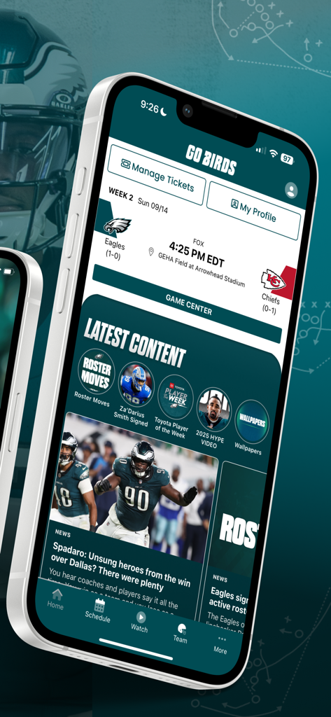Philadelphia Eagles - Home screen of the Philadelphia Eagles official app featuring game details and latest content