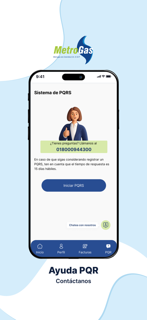 MetroApp - Interface de support MetroApp pour le dépôt de demandes de services de gaz et le contact client pour Metrogas Colombia