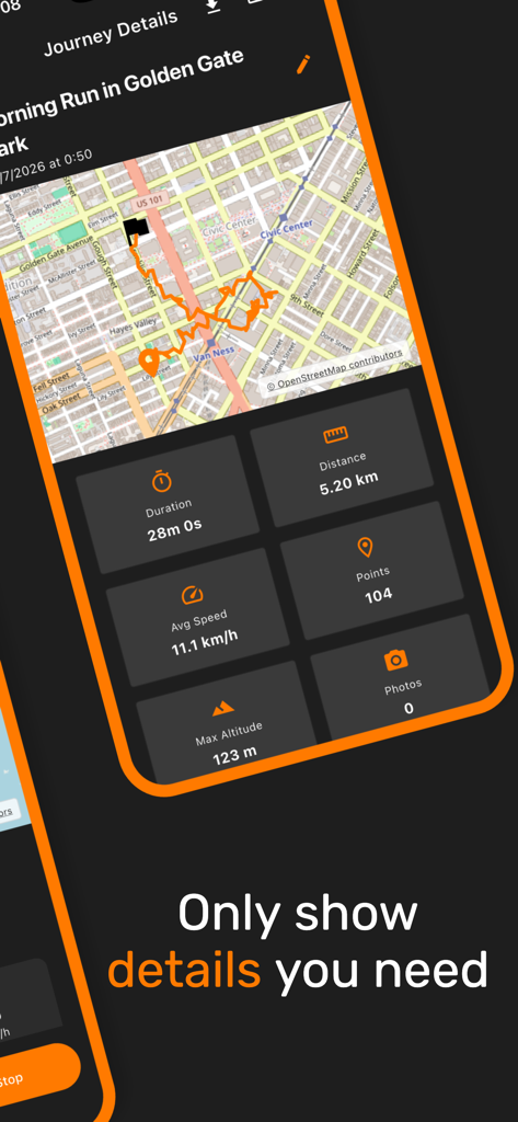 orRound - Journey Tracker - Detaillierte Reiseansicht mit Routenkarte und Statistiken wie Dauer und Entfernung