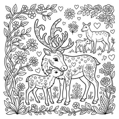 Dive into a heartwarming Mother's Day celebration with this beautiful reindeer herd coloring page. Featuring loving mother reindeer and their adorable calves amidst floral bouquets and heartfelt symbols, it's a perfect tribute to maternal bonds.