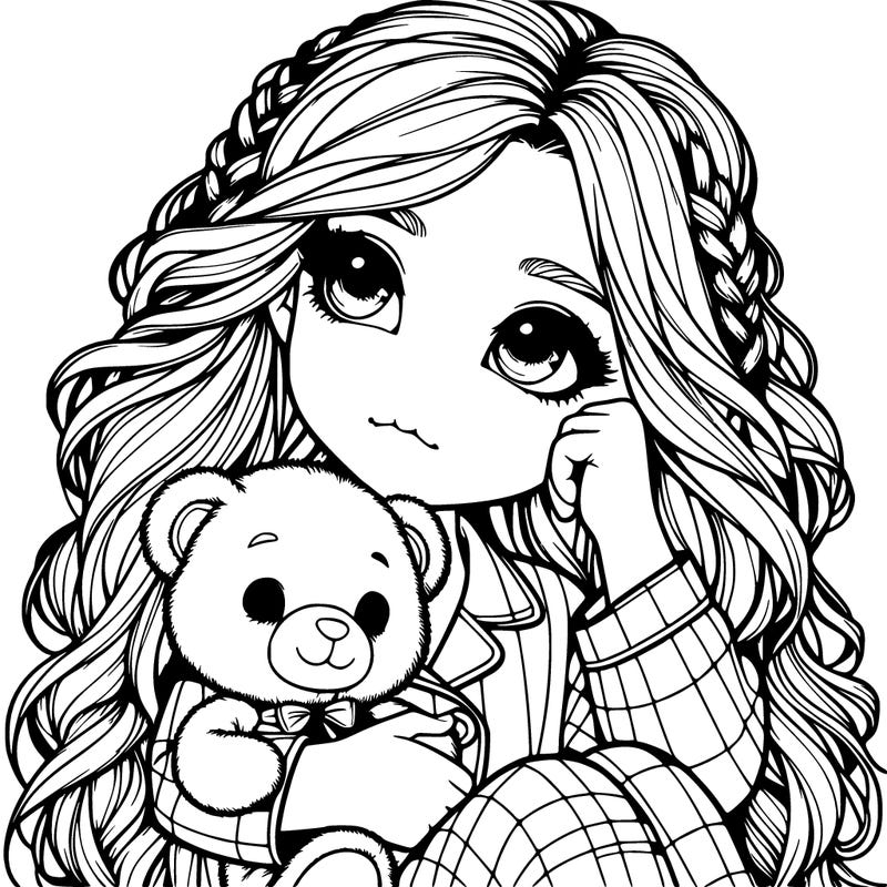 realistic girl with a teddy bear in pajamas