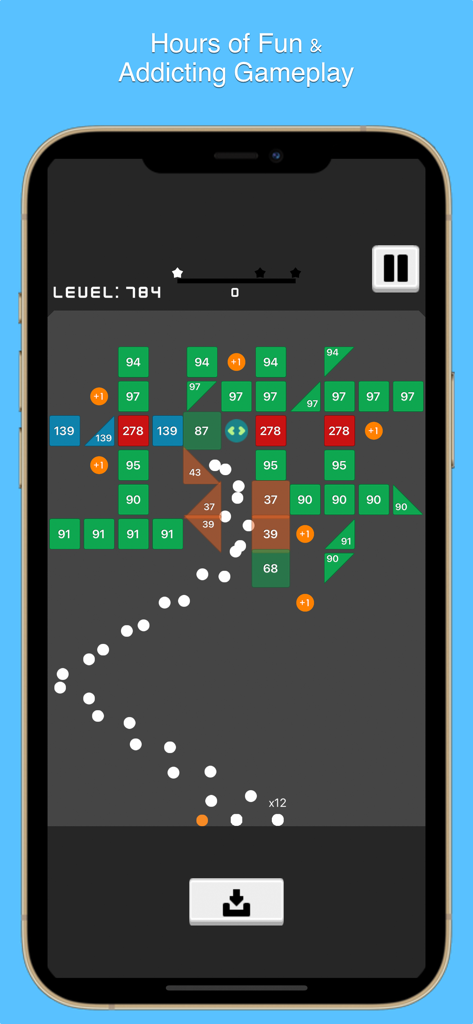 Balls, Bricks, & Puzzles - Balls Bricks and Puzzles mobile game showing balls bouncing off colorful numbered blocks in a brick breaker level