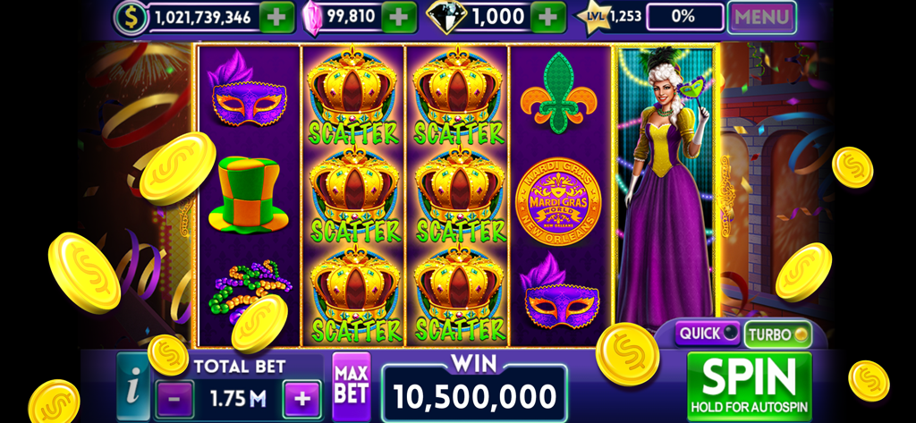 Slot Bonanza- 777 Vegas casino - A big win screen on a Mardi Gras themed slot machine in the Slot Bonanza mobile app