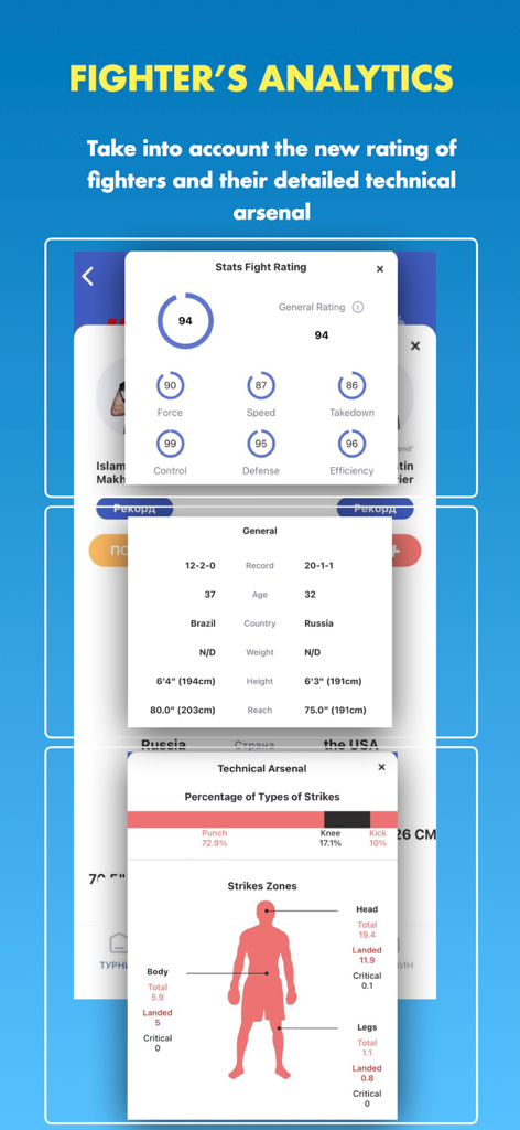 Stats Fight: Analysts League - Mobile app screens showing MMA fighter ratings, technical arsenal details, and strike zone statistics.