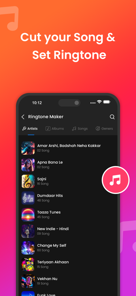 MP3 Cutter ‣ Ringtone Maker - Interface of the MP3 Cutter Ringtone Maker app displaying a list of available songs to edit into custom ringtones.