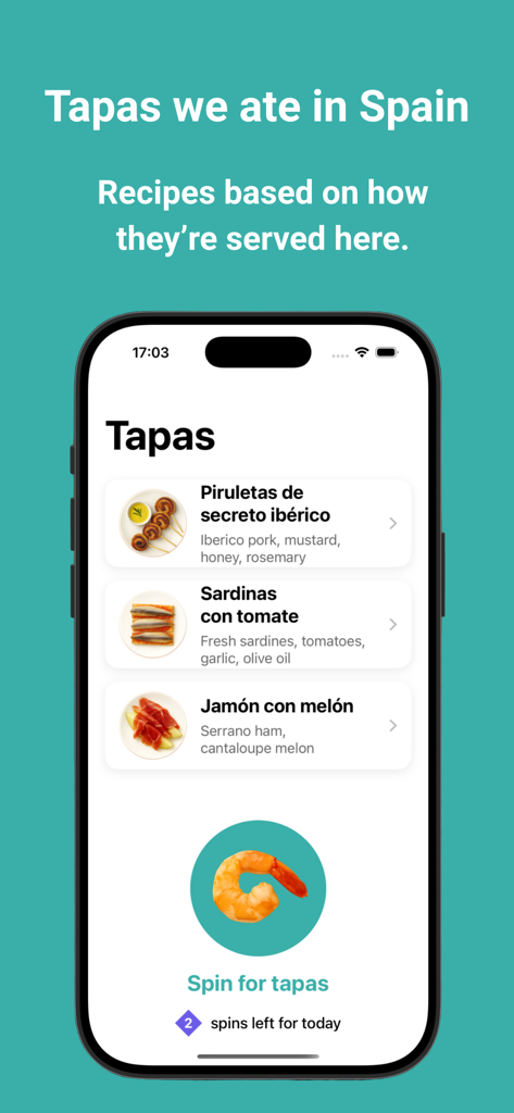 Tapas Spinner - Un teléfono móvil que muestra la interfaz de la aplicación Tapas Spinner con una lista de recetas de tapas españolas, incluyendo cerdo ibérico y sardinas.