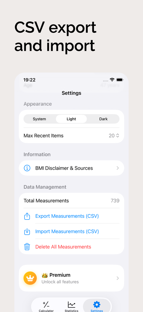 BMI Calculator – Health Tool - Pantalla de configuración de la aplicación Calculadora de IMC que muestra opciones para exportar e importar CSV