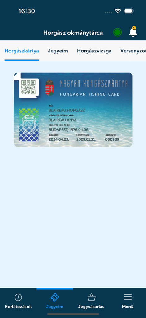 Digital Hungarian Fishing Card displayed within the HORGASZ mobile app document wallet