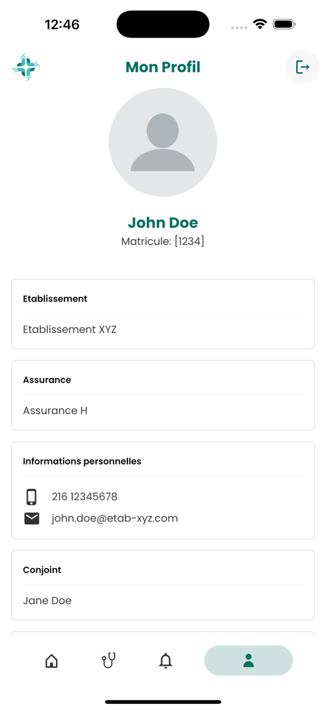 The user profile page of the Healio medical app showing account and insurance details