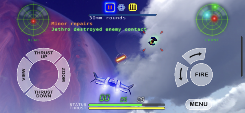 A screenshot of Nemesis space shooter showing a ship flying through space clouds near a planet with on screen controls.
