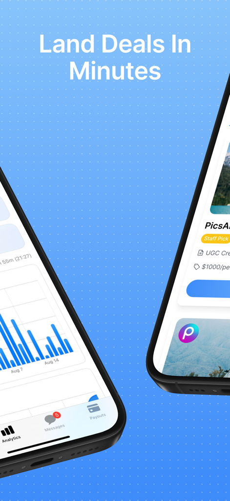 SideShift - Earn Money - SideShift app interface showing creator analytics and job listings for landing deals.