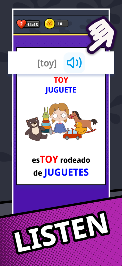 Easy Lizzy: English words - Easy Lizzy app interface showing a visual association mnemonic for the English word toy with audio and translation features.