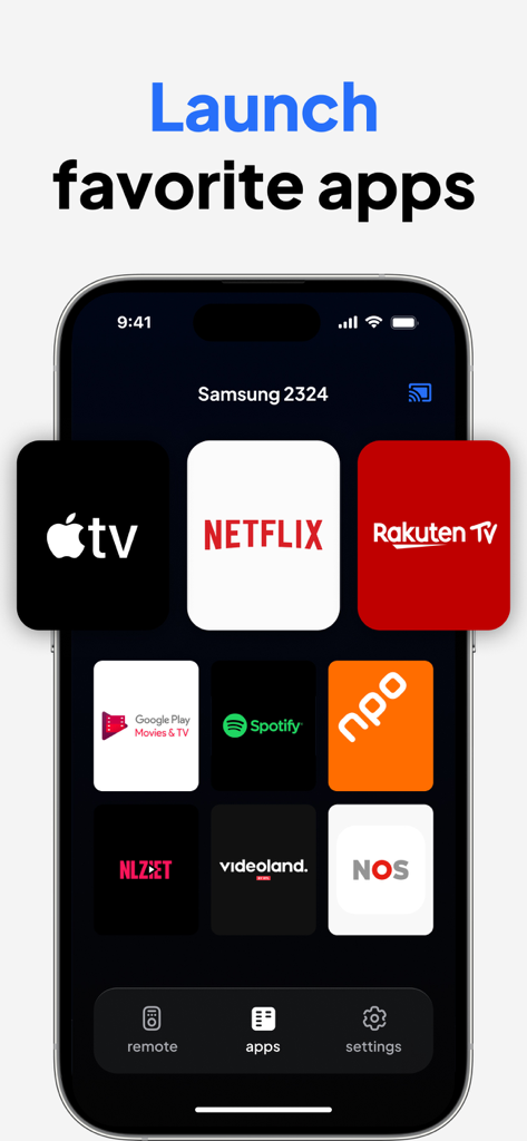 Remote for Samsung TV, Control - Interfaccia dell'app Telecomando per TV Samsung che mostra un elenco di app di streaming preferite da avviare