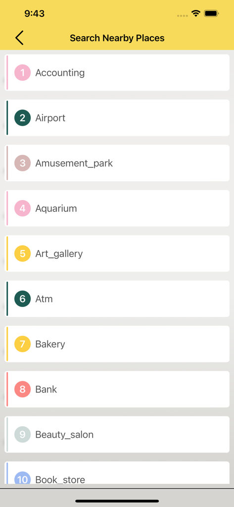 A list of nearby place categories such as Airport, ATM, and Bank in the GPS navigation app.