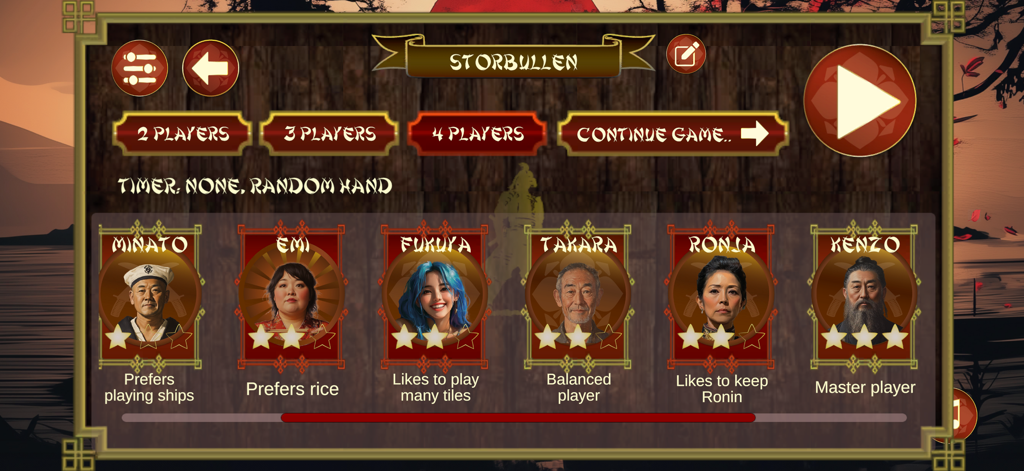 Samurai by Reiner Knizia - Menu de configuration du jeu dans Samurai par Reiner Knizia montrant divers adversaires IA et paramètres de joueur