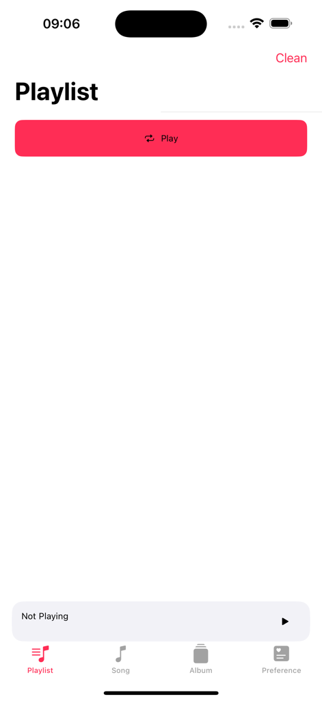 Empty playlist screen of the Melody offline music player app featuring a minimalist design and a prominent red play button.