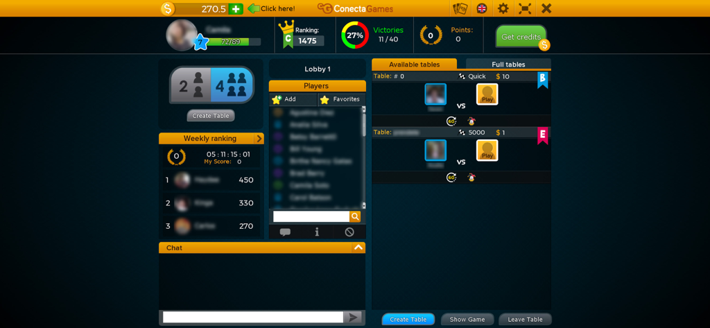 The main lobby screen of the Canasta app showing available tables player rankings and chat