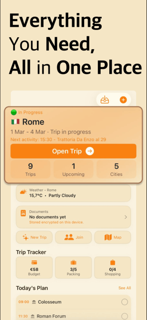 로마 여행 일정 및 여행 세부 정보를 표시하는 여행 플래너 앱 대시보드