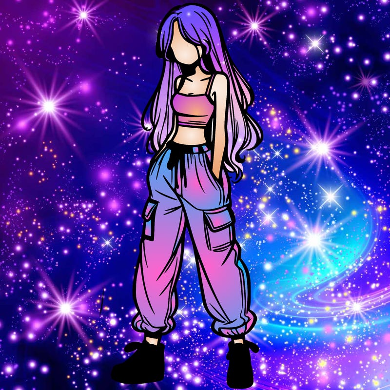 girl in baggy pants crop top and long hair